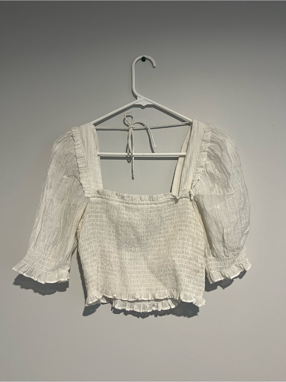 White Smocked Square-Neck Puff Sleeve Top